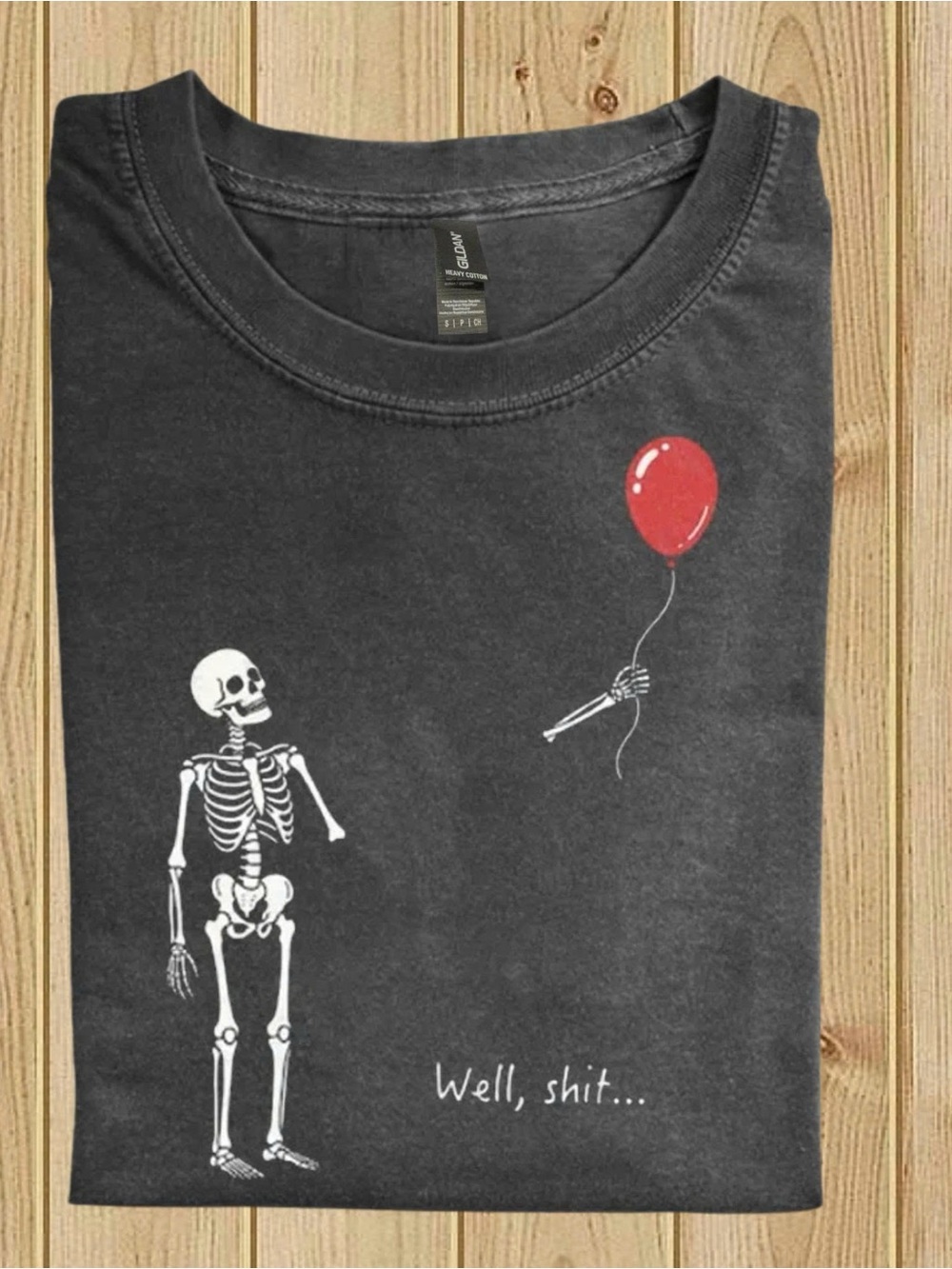 Gildan Black Graphic Tee with White Skeleton and Red Balloon